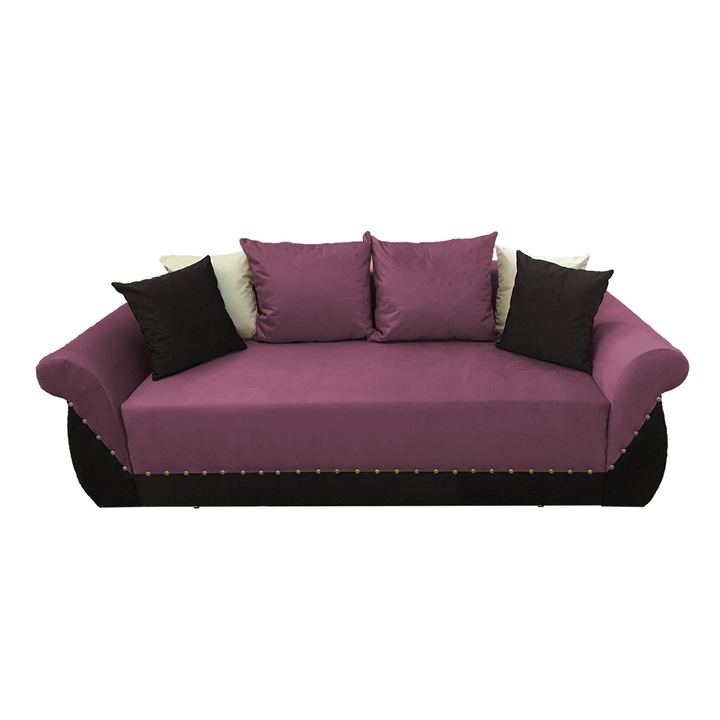 Canapea extensibila Royal, MobAmbient, Violet cu Negru, material textil, extensie 150 cm din plasa de arcuri tip relaxa, lada de depozitare, 2 perne mari si 4 perne mici incluse, 240 x 150 cm