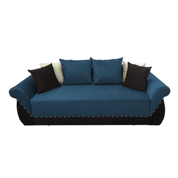 Canapea extensibila Royal, MobAmbient, Albastru cu Negru, material textil, extensie 150 cm din plasa de arcuri tip relaxa, lada de depozitare, 2 perne mari si 4 perne mici incluse, 240 x 150 cm Canapea extensibila Royal, MobAmbient, Albastru cu Negru, material textil, extensie 150 cm din plasa de arcuri tip relaxa, lada de depozitare, 2 perne mari si 4 perne mici incluse, 240 x 150 cm
