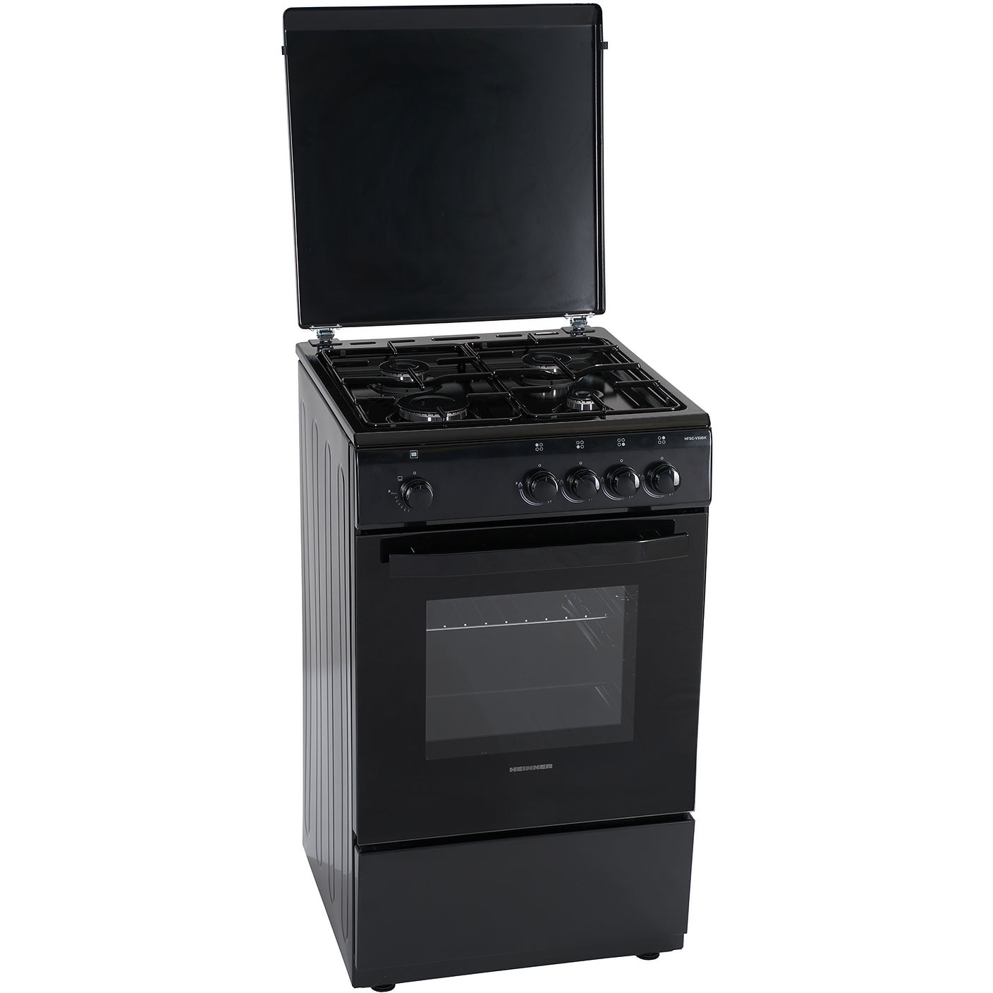 Aragaz Heinner HFSC-V50BK, 4 arzatoare, Gaz, Dispozitiv de siguranta plita/cuptor, 50 cm, Negru