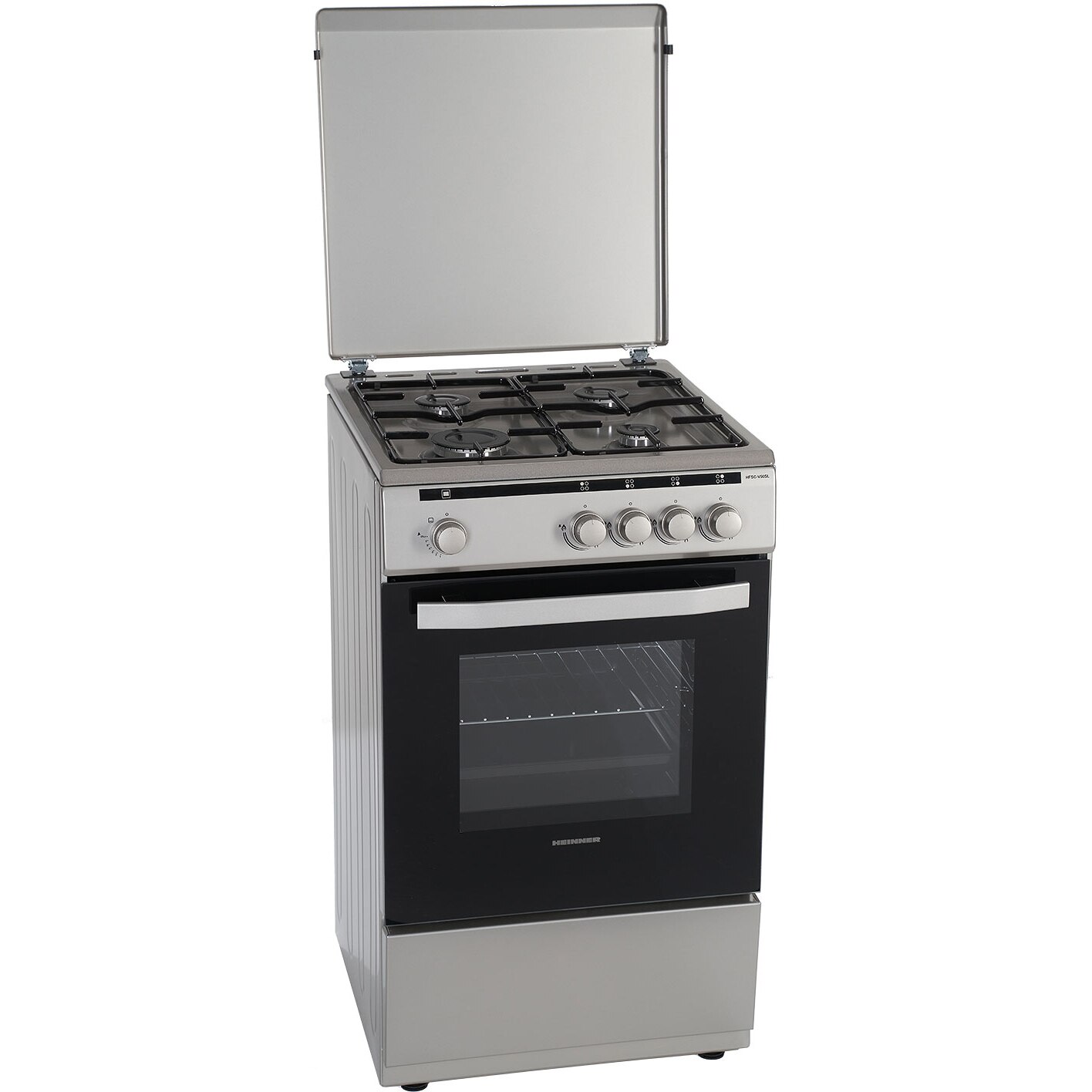 Aragaz Heinner HFSC-V50SL, 4 arzatoare, Gaz, Dispozitiv de siguranta plita/cuptor, 50 cm, Silver