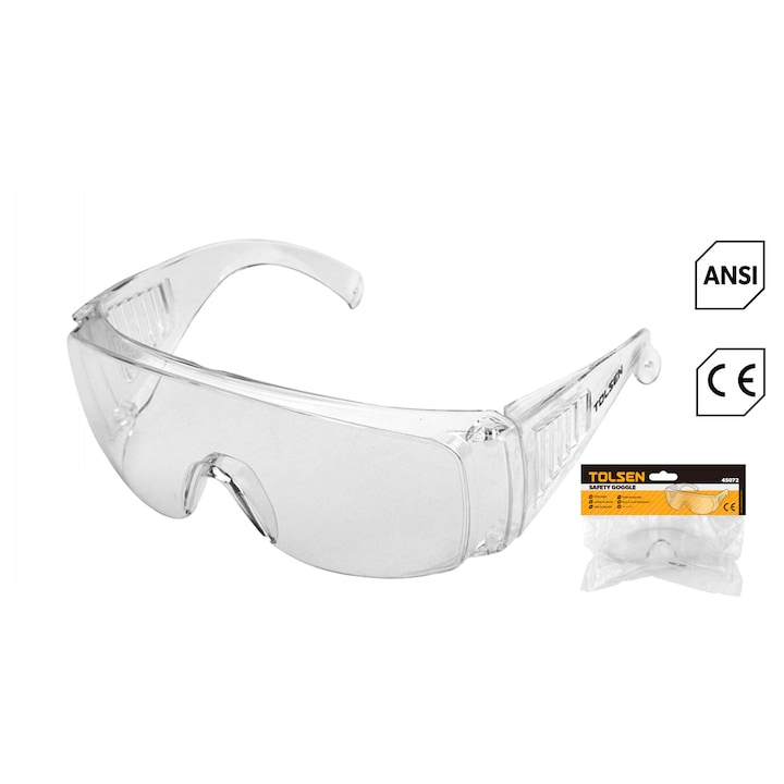 Ochelari de protectie TOLSEN transparenti, aprobati CE/ANSI, design vedere completa, rezistenti la impact, compatibili cu ochelari de vedere, protectie stropire