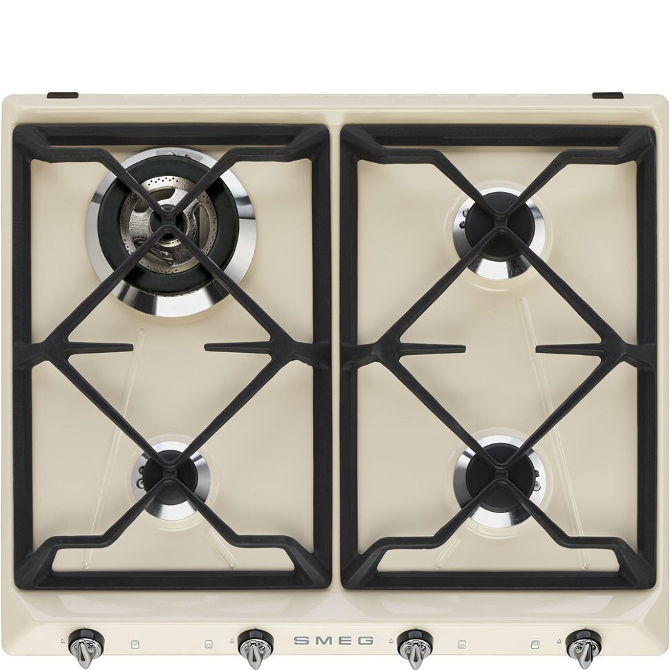 Plita incorporabila Smeg SR964PGH, Gaz natural, 4 Zone gatit, 60 cm, Arzator ultrarapid, Crem/Negru