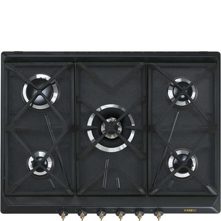 Plita incorporabila Smeg SRV876AOGH, Gaz natural, 5 Zone gatit, 68,5 cm, Arzator ultrarapid, Antracit/Negru
