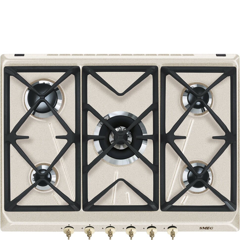 Plita incorporabila Smeg SRV876AVOGH2, Gaz natural, 5 Zone gatit, 68,5 cm, Arzator ultrarapid, Maro/Negru/Crem