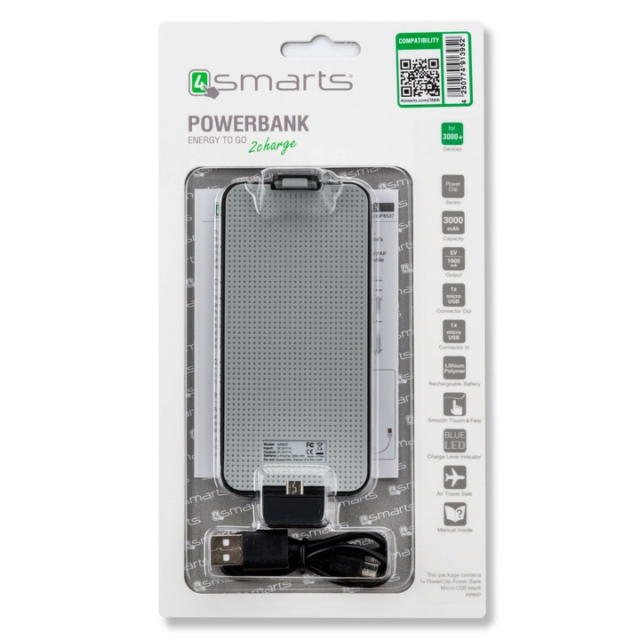 4smarts PowerClip Power Bank MicroUSB - универсален кейс с вградена батерия 3000 mAh с MicroUSB за смартфони с MicroUSB