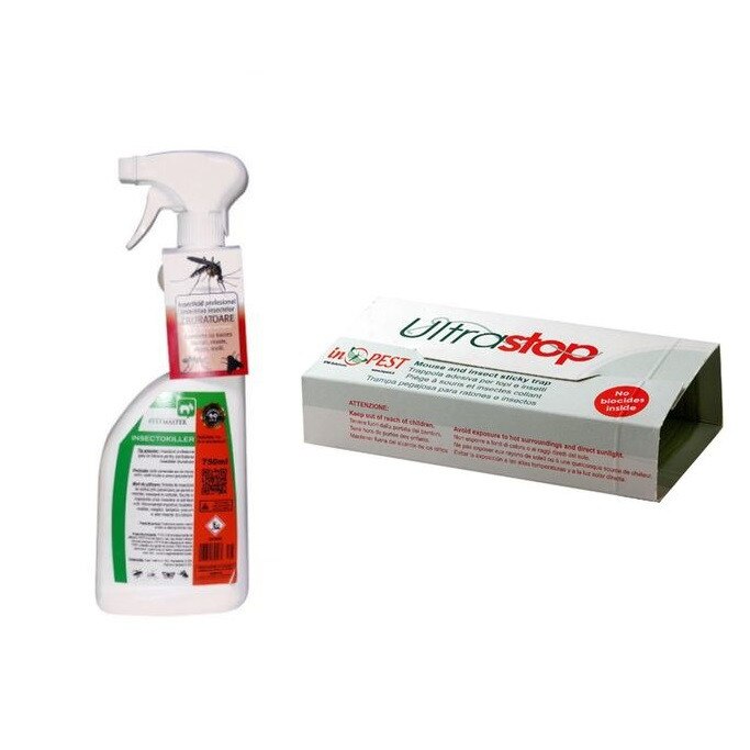 Pachet compus din Insecticid Insectokiller lichid 750 ml si capcana adeziva pentru insecte zburatoare, muste, tantari Ultra Stop 217 x 137 mm