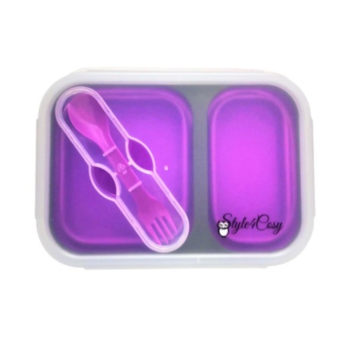 Caserola pliabila silicon Clip&Close cu lingura furculita, Style4Cosy, lungime 21,5 cm, Purple