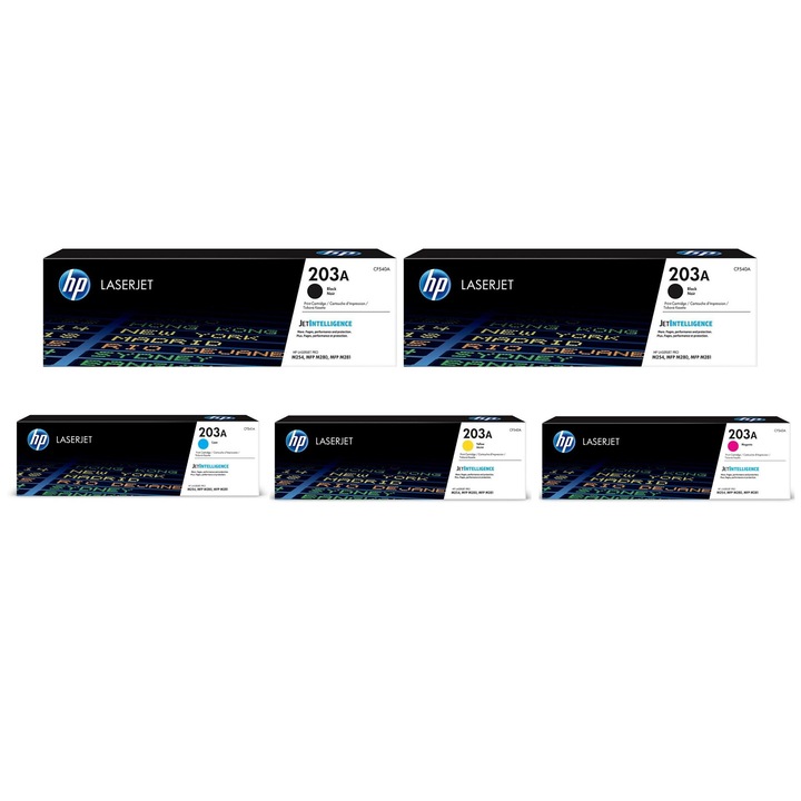 Pachet cartuse toner HP original (203A) CF540A negru x2 CF541A cyan CF542A galben CF543A magenta 6700 pagini