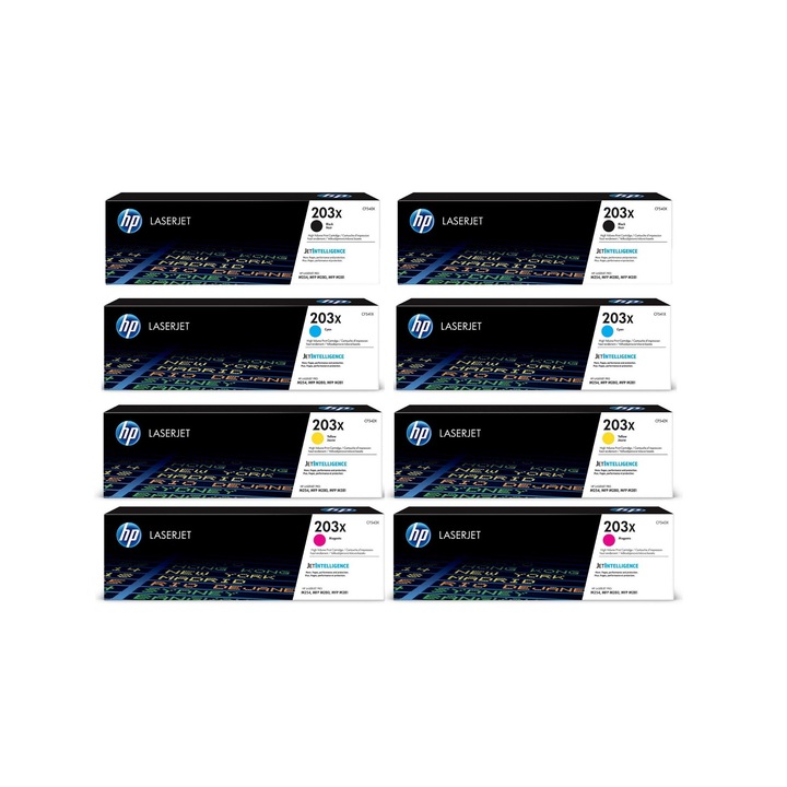 Pachet cartuse toner HP original (203X) CF540X negru x2 CF541X cyan x2 CF542X galben x2 CF543X magenta x2 21400 pagini