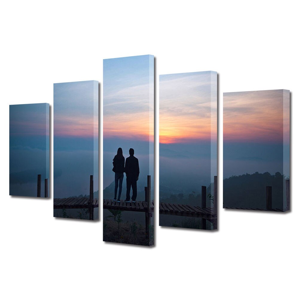 Set Tablouri Multicanvas 5 piese Colectia Ziua Indragostitilor, Dragobete, Valentine's Day, Cuplu la apus, Decoratiuni Moderne pentru Casa, 120 x 225 cm