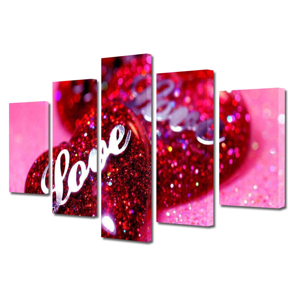 Set Tablouri Multicanvas 5 piese Colectia Ziua Indragostitilor, Dragobete, Valentine's Day, Iubire sclipicioasa, Decoratiuni Moderne pentru Casa, 120 x 225 cm