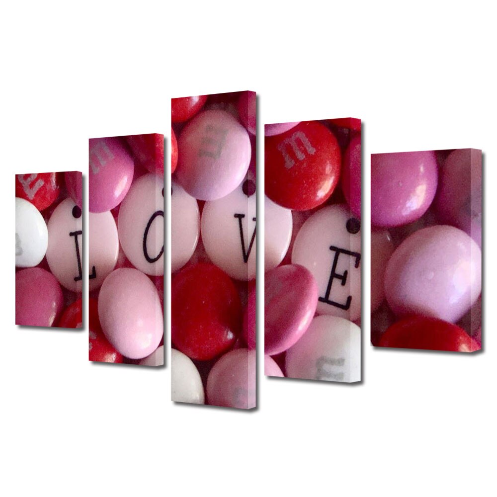 Set Tablouri Multicanvas 5 piese Colectia Ziua Indragostitilor, Dragobete, Valentine's Day, M&M's pentru Ziua Indragostitilor, Decoratiuni Moderne pentru Casa, 120 x 225 cm