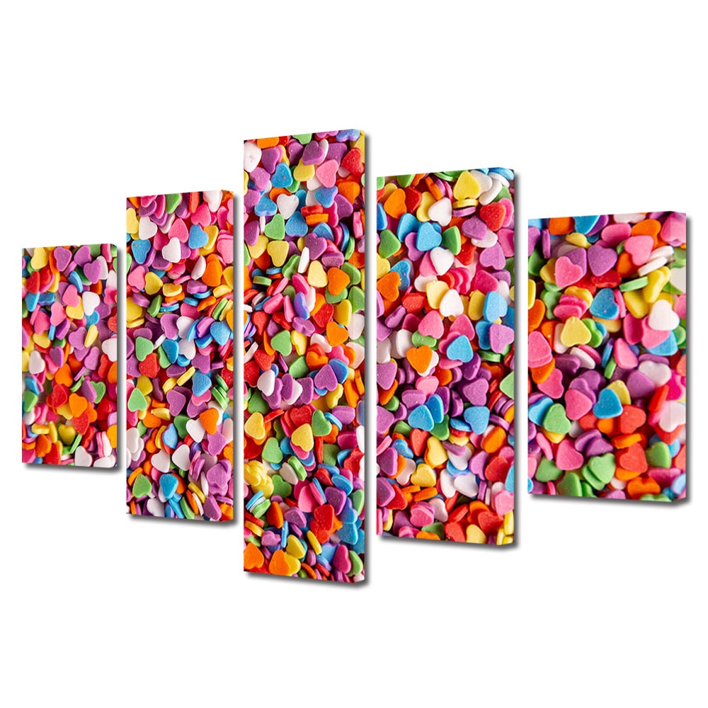 Set Tablouri Multicanvas 5 piese Colectia Ziua Indragostitilor, Dragobete, Valentine's Day, Inimioare multicolore, Decoratiuni Moderne pentru Casa, 120 x 225 cm