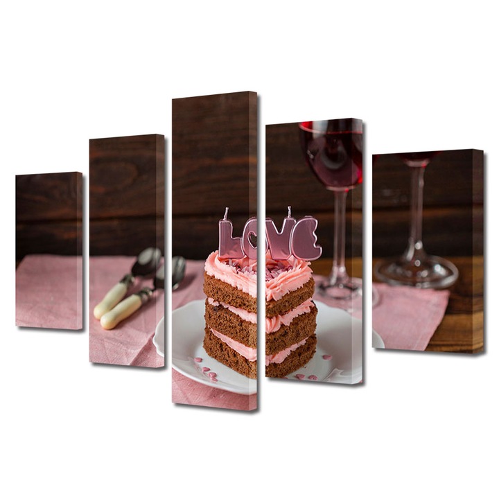Set Tablouri Multicanvas 5 piese Colectia Ziua Indragostitilor, Dragobete, Valentine's Day, Tort pentru persoana iubita, Decoratiuni Moderne pentru Casa, 100 x 175 cm