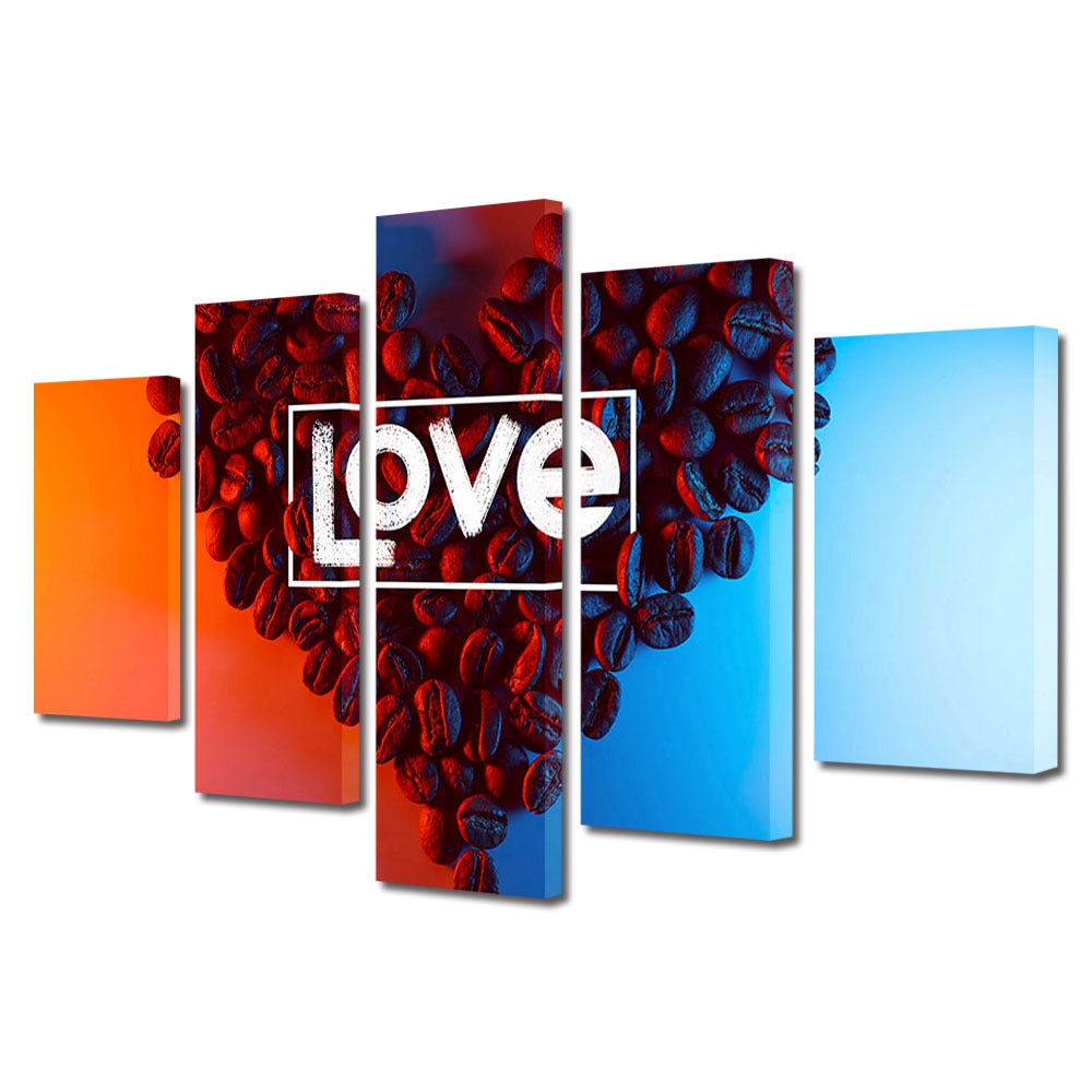 Set Tablouri Multicanvas 5 piese Colectia Ziua Indragostitilor, Dragobete, Valentine's Day, Iubire pentru cafea, Decoratiuni Moderne pentru Casa, 120 x 225 cm