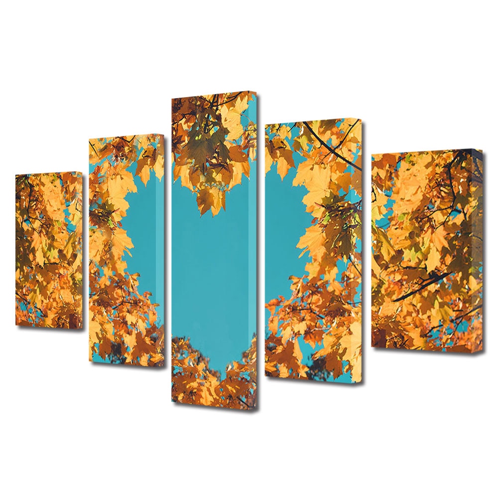 Set Tablouri Multicanvas 5 piese Colectia Ziua Indragostitilor, Dragobete, Valentine's Day, Inima intre copaci, Decoratiuni Moderne pentru Casa, 120 x 225 cm