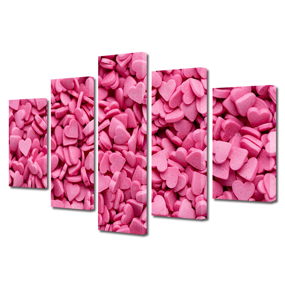 Set Tablouri Multicanvas 5 piese Colectia Ziua Indragostitilor, Dragobete, Valentine's Day, Inimioare roz infinite, Decoratiuni Moderne pentru Casa, 120 x 225 cm