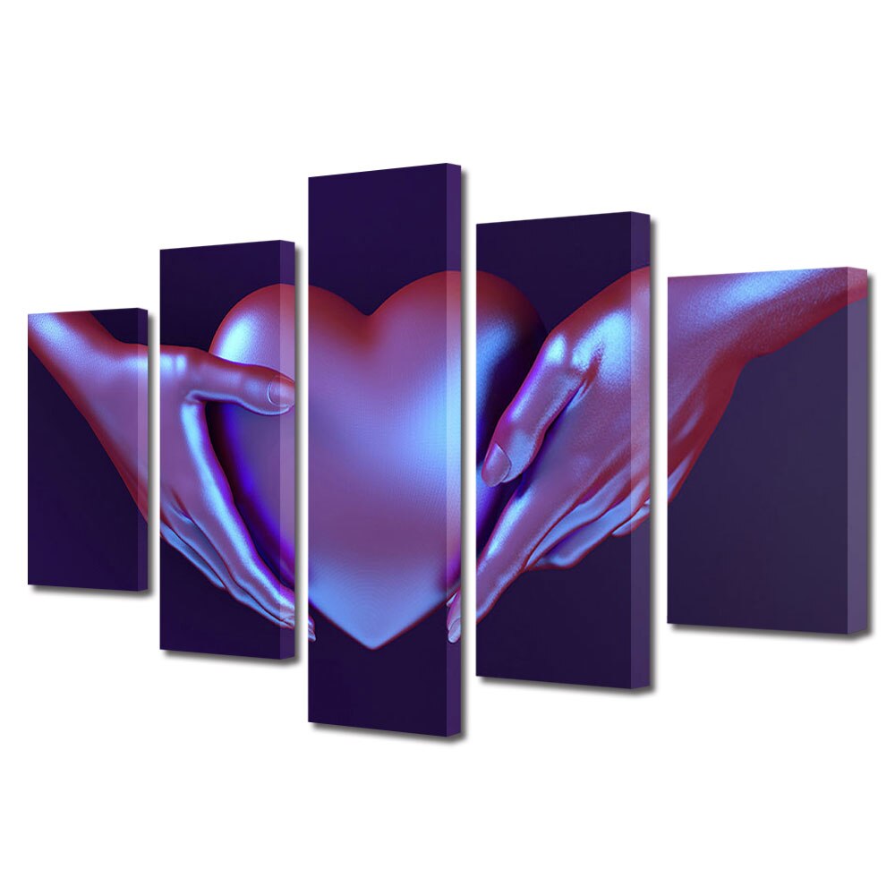 Set Tablouri Multicanvas 5 piese Colectia Ziua Indragostitilor, Dragobete, Valentine's Day, Inima in ambele maini, Decoratiuni Moderne pentru Casa, 120 x 225 cm