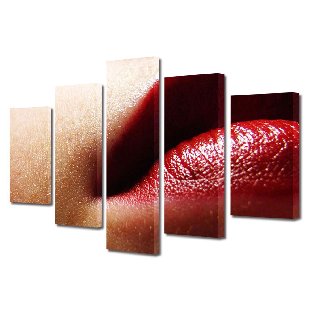 Set Tablouri Multicanvas 5 piese Colectia Ziua Indragostitilor, Dragobete, Valentine's Day, Detaliu buze, Decoratiuni Moderne pentru Casa, 120 x 225 cm