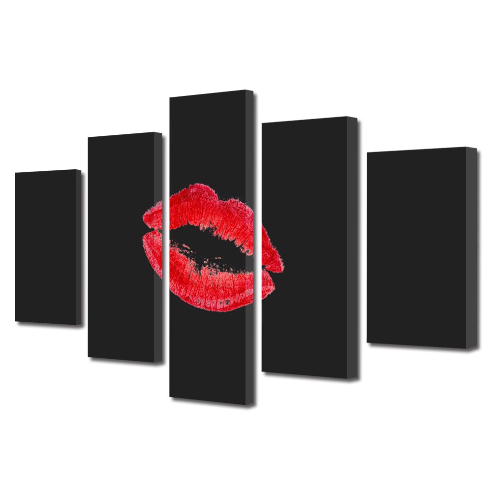 Set Tablouri Multicanvas 5 piese Colectia Ziua Indragostitilor, Dragobete, Valentine's Day, Buze pe fundal negru, Decoratiuni Moderne pentru Casa, 120 x 225 cm