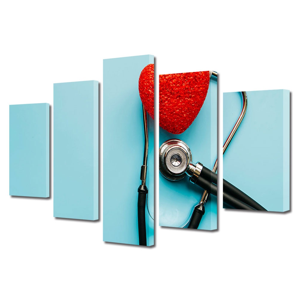 Set Tablouri Multicanvas 5 piese Colectia Ziua Indragostitilor, Dragobete, Valentine's Day, Asculta inima la stetoscop, Decoratiuni Moderne pentru Casa, 120 x 225 cm