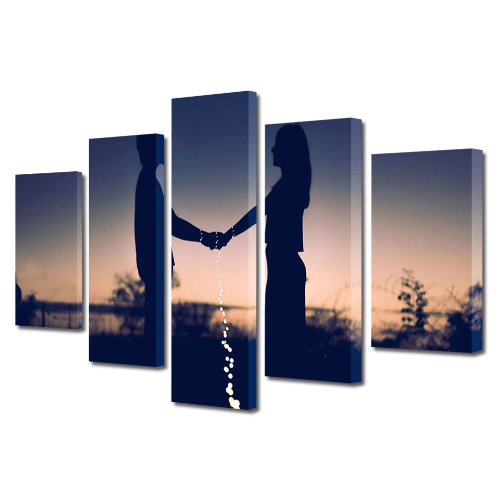 Set Tablouri Multicanvas 5 piese Colectia Ziua Indragostitilor, Dragobete, Valentine's Day, Cuplu impreunat la apus, Decoratiuni Moderne pentru Casa, 120 x 225 cm