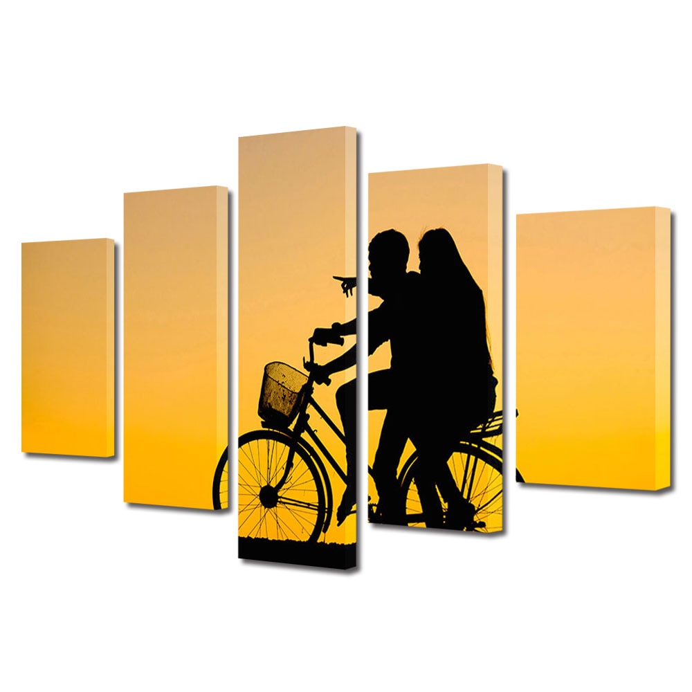 Set Tablouri Multicanvas 5 piese Colectia Ziua Indragostitilor, Dragobete, Valentine's Day, Cuplu pe bicicleta, Decoratiuni Moderne pentru Casa, 120 x 225 cm