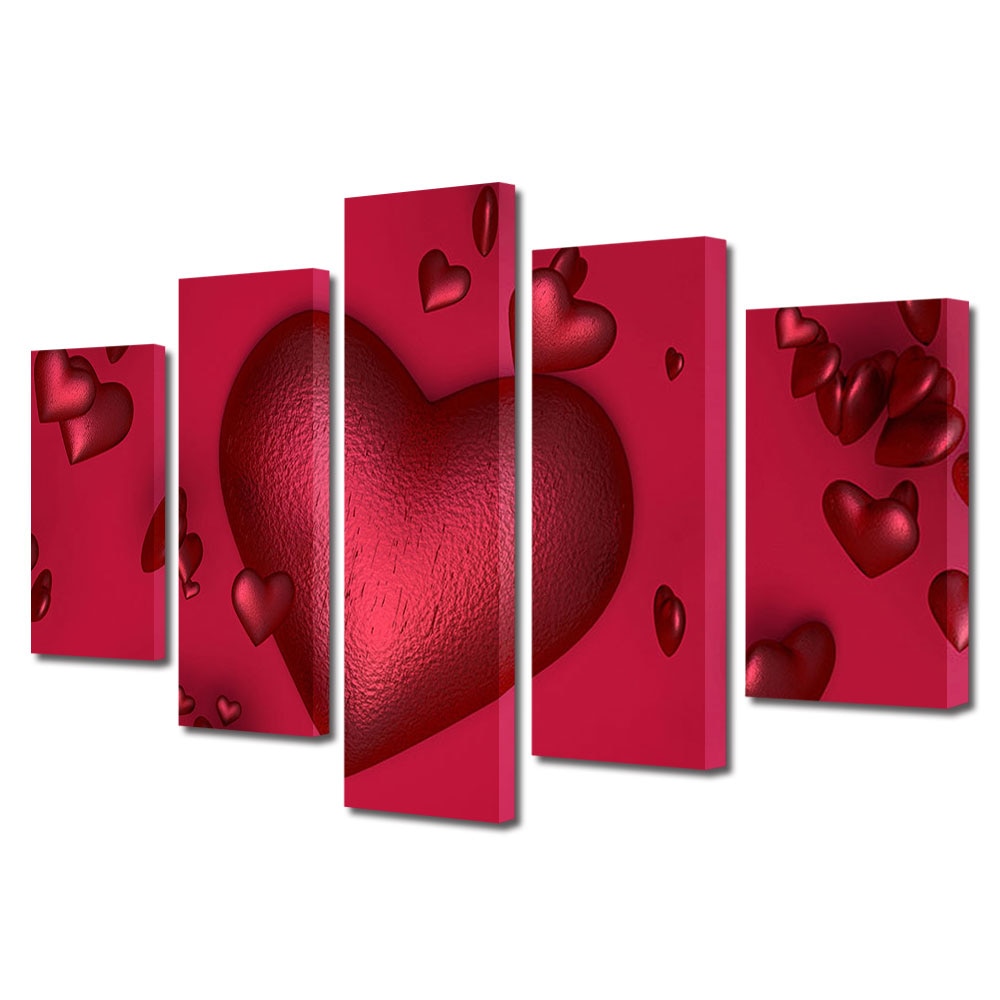 Set Tablouri Multicanvas 5 piese Colectia Ziua Indragostitilor, Dragobete, Valentine's Day, Inimioare pe fundal rosu, Decoratiuni Moderne pentru Casa, 120 x 225 cm