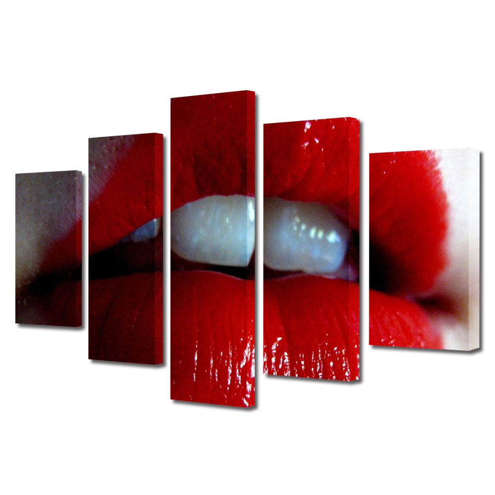 Set Tablouri Multicanvas 5 piese Colectia Ziua Indragostitilor, Dragobete, Valentine's Day, Buze rosii, Decoratiuni Moderne pentru Casa, 120 x 225 cm