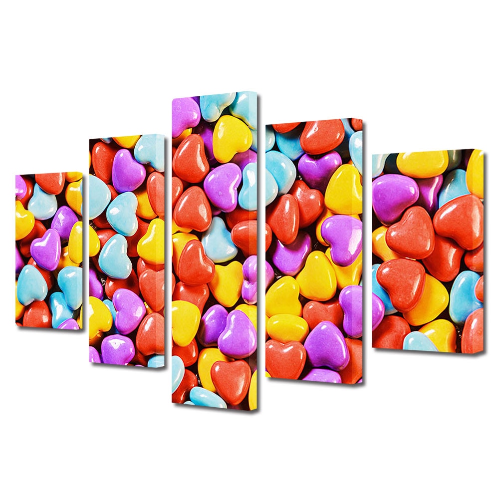 Set Tablouri Multicanvas 5 piese Colectia Ziua Indragostitilor, Dragobete, Valentine's Day, Inimioare pastilute, Decoratiuni Moderne pentru Casa, 120 x 225 cm