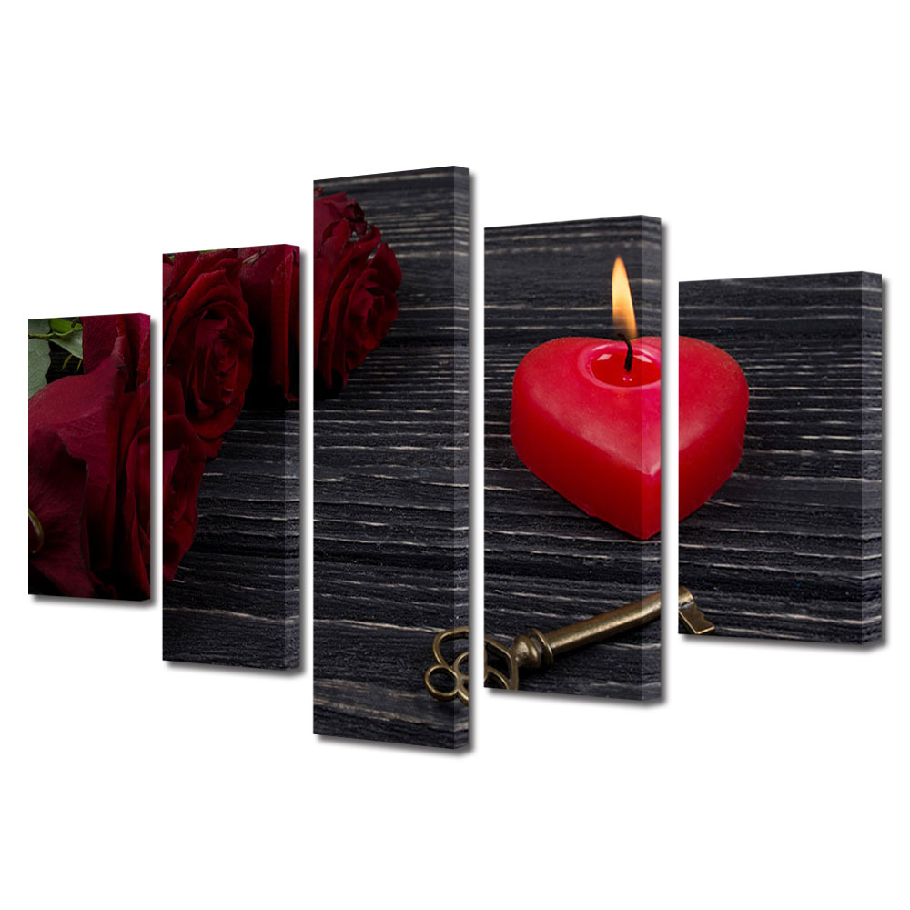 Set Tablouri Multicanvas 5 piese Colectia Ziua Indragostitilor, Dragobete, Valentine's Day, Lumanare inimioara, Decoratiuni Moderne pentru Casa, 120 x 225 cm