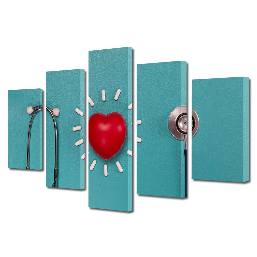 Set Tablouri Multicanvas 5 piese Colectia Ziua Indragostitilor, Dragobete, Valentine's Day, Inima si stetoscop, Decoratiuni Moderne pentru Casa, 120 x 225 cm