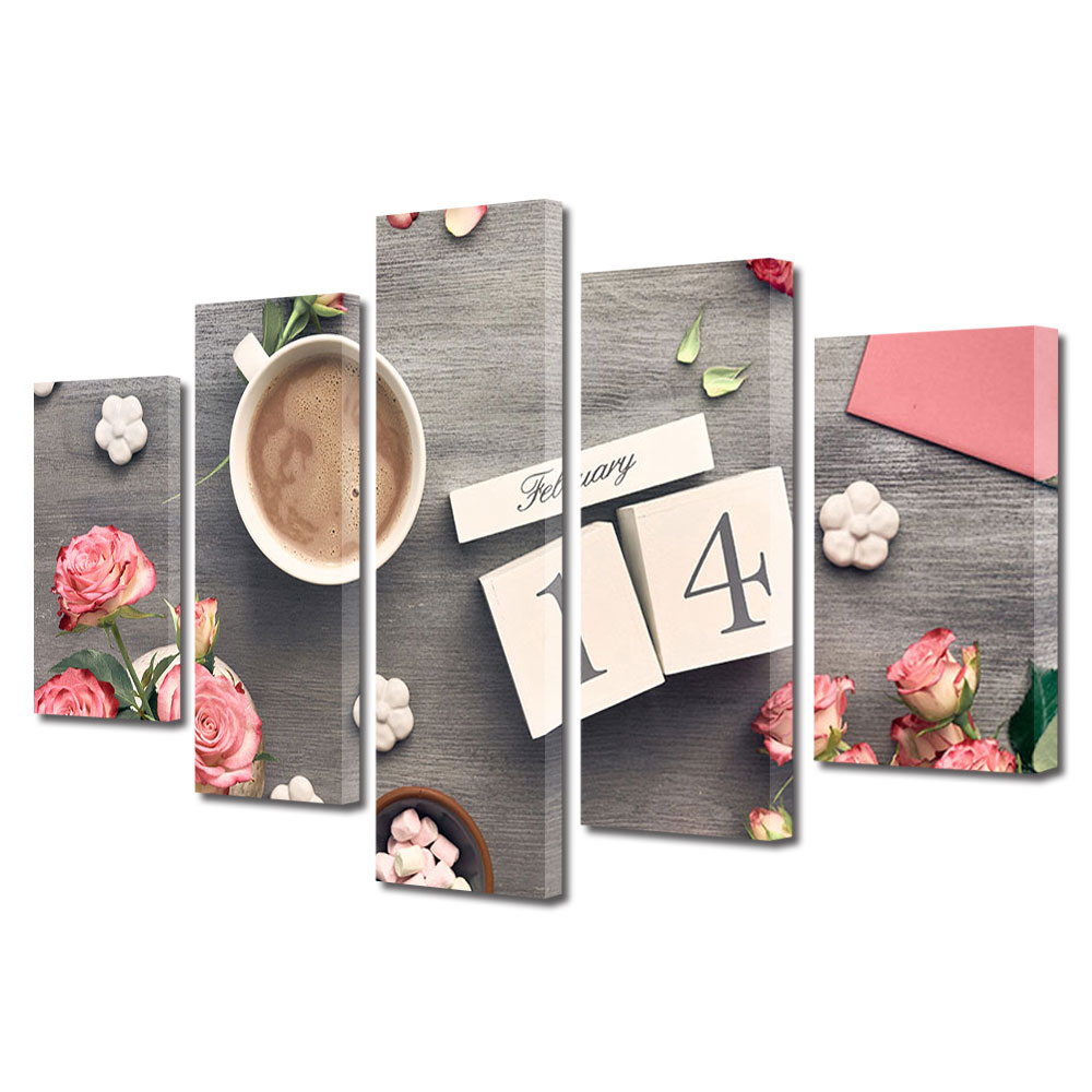 Set Tablouri Multicanvas 5 piese Colectia Ziua Indragostitilor, Dragobete, Valentine's Day, Aranjament Ziua Indragostitilor, Decoratiuni Moderne pentru Casa, 120 x 225 cm