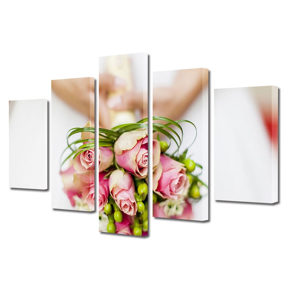 Set Tablouri Multicanvas 5 piese Colectia Ziua Indragostitilor, Dragobete, Valentine's Day, Buchet mireasa in prim plan, Decoratiuni Moderne pentru Casa, 120 x 225 cm