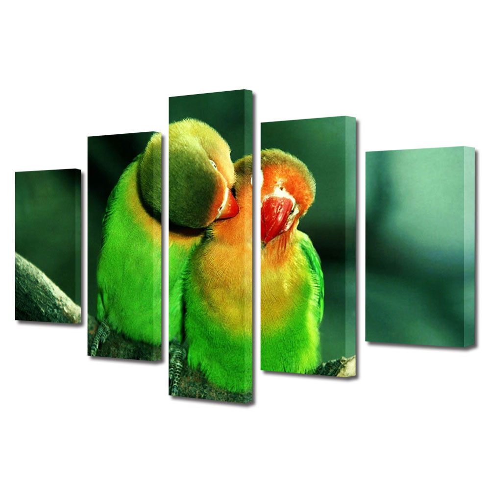 Set Tablouri Multicanvas 5 piese Colectia Ziua Indragostitilor, Dragobete, Valentine's Day, Doi papagali, Decoratiuni Moderne pentru Casa, 120 x 225 cm