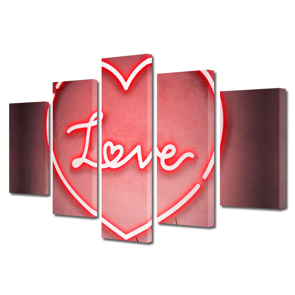 Set Tablouri Multicanvas 5 piese Colectia Ziua Indragostitilor, Dragobete, Valentine's Day, Inima din LED, Decoratiuni Moderne pentru Casa, 120 x 225 cm