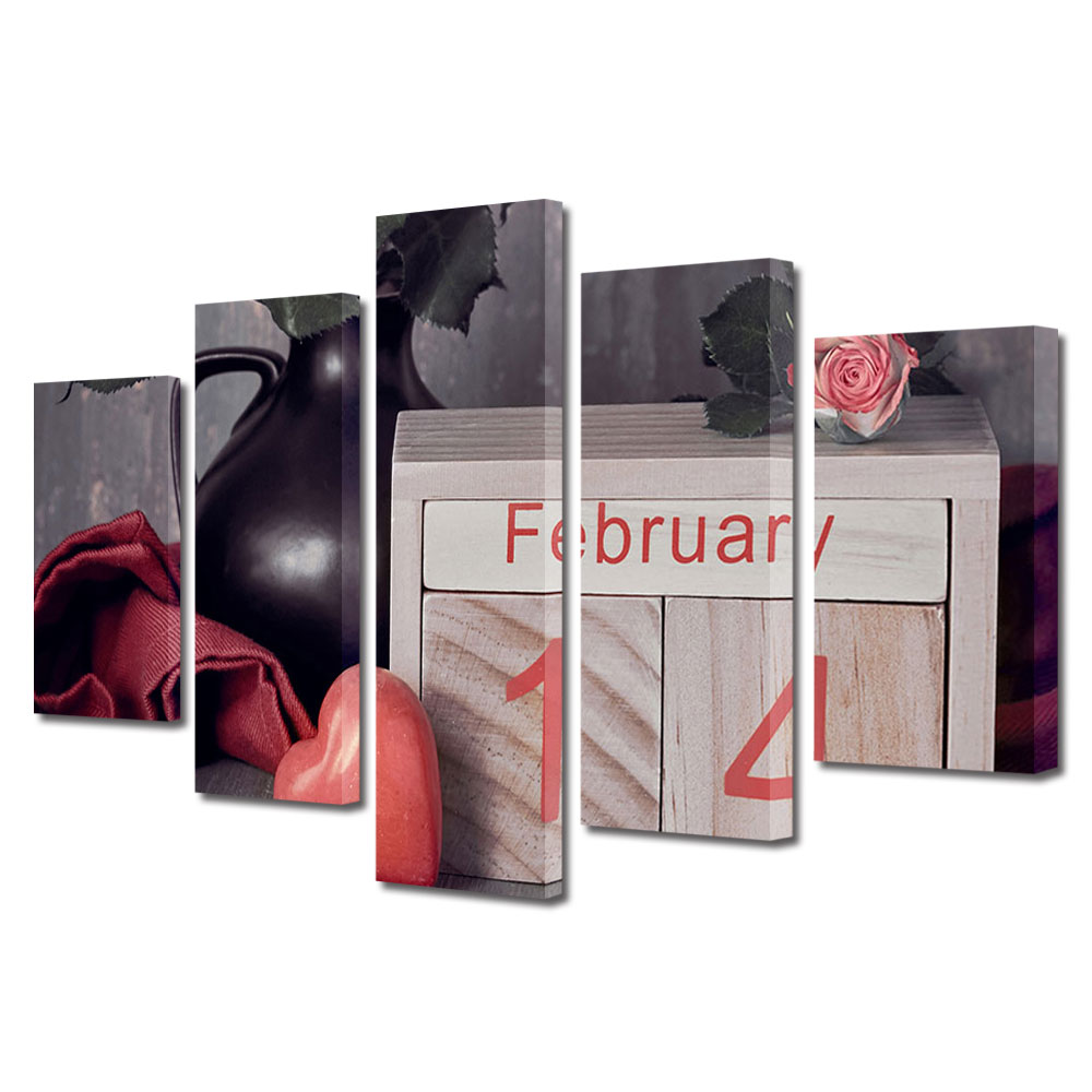 Set Tablouri Multicanvas 5 piese Colectia Ziua Indragostitilor, Dragobete, Valentine's Day, Calendar Ziua Indragostitilor, Decoratiuni Moderne pentru Casa, 120 x 225 cm