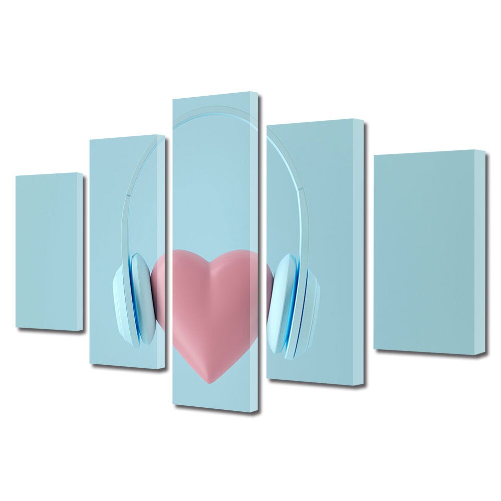 Set Tablouri Multicanvas 5 piese Colectia Ziua Indragostitilor, Dragobete, Valentine's Day, Inima cu casti, Decoratiuni Moderne pentru Casa, 120 x 225 cm