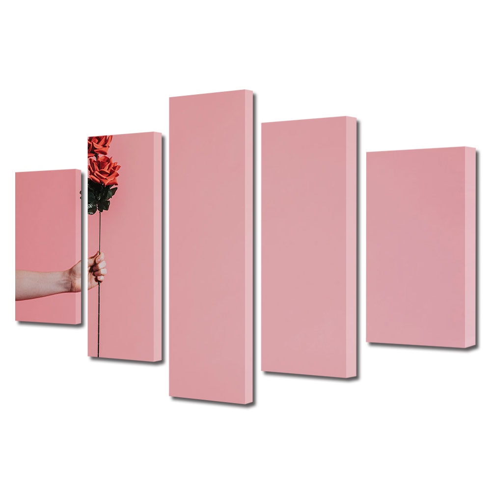 Set Tablouri Multicanvas 5 piese Colectia Ziua Indragostitilor, Dragobete, Valentine's Day, Floare roz tinuta in mana, Decoratiuni Moderne pentru Casa, 120 x 225 cm