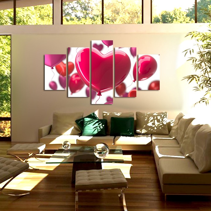 Set Tablouri Multicanvas 5 piese Colectia Ziua Indragostitilor, Dragobete, Valentine's Day, Baloane inimioare, Decoratiuni Moderne pentru Casa, 100 x 175 cm