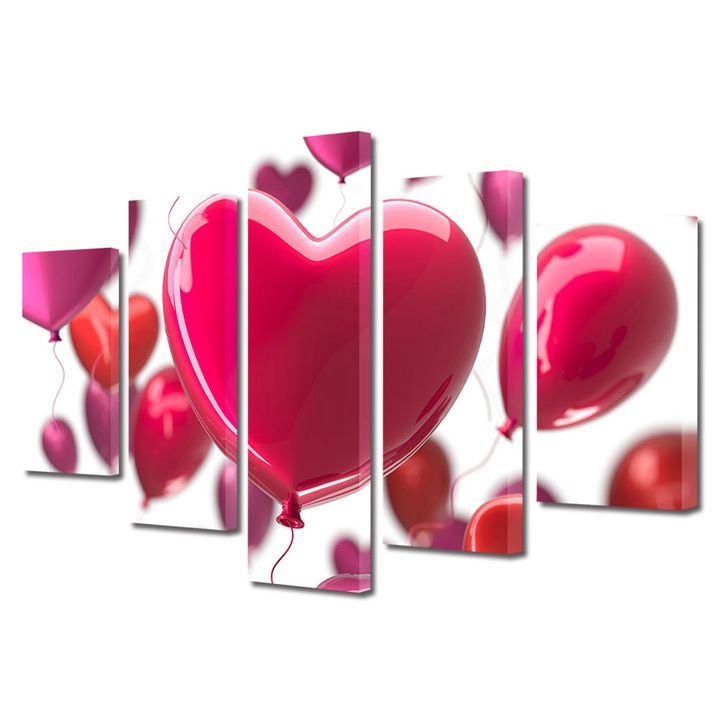 Set Tablouri Multicanvas 5 piese Colectia Ziua Indragostitilor, Dragobete, Valentine's Day, Baloane inimioare, Decoratiuni Moderne pentru Casa, 100 x 175 cm