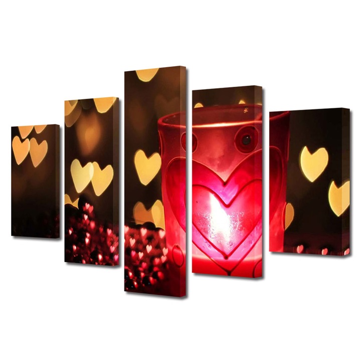 Set Tablouri Multicanvas 5 piese Colectia Ziua Indragostitilor, Dragobete, Valentine's Day, Candela si inimioare pe fundal, Decoratiuni Moderne pentru Casa, 70 x 125 cm
