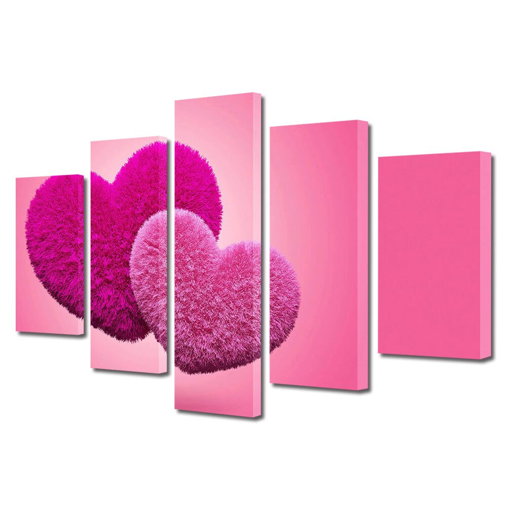 Set Tablouri Multicanvas 5 piese Colectia Ziua Indragostitilor, Dragobete, Valentine's Day, Inimi pufoase, Decoratiuni Moderne pentru Casa, 120 x 225 cm