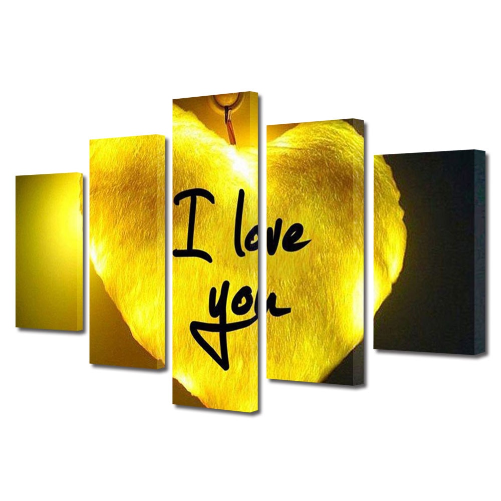 Set Tablouri Multicanvas 5 piese Colectia Ziua Indragostitilor, Dragobete, Valentine's Day, Inima galbena cu text, Decoratiuni Moderne pentru Casa, 120 x 225 cm