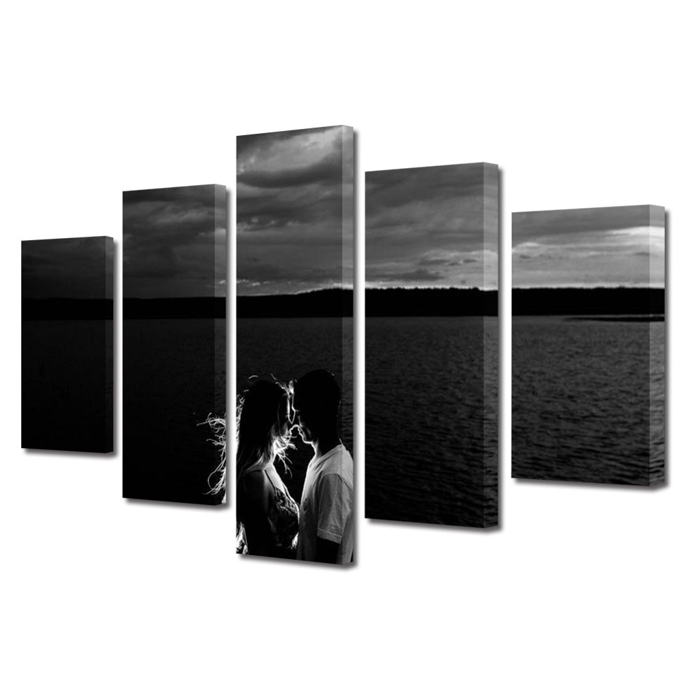 Set Tablouri Multicanvas 5 piese Colectia Ziua Indragostitilor, Dragobete, Valentine's Day, Siluete in intuneric, Decoratiuni Moderne pentru Casa, 120 x 225 cm