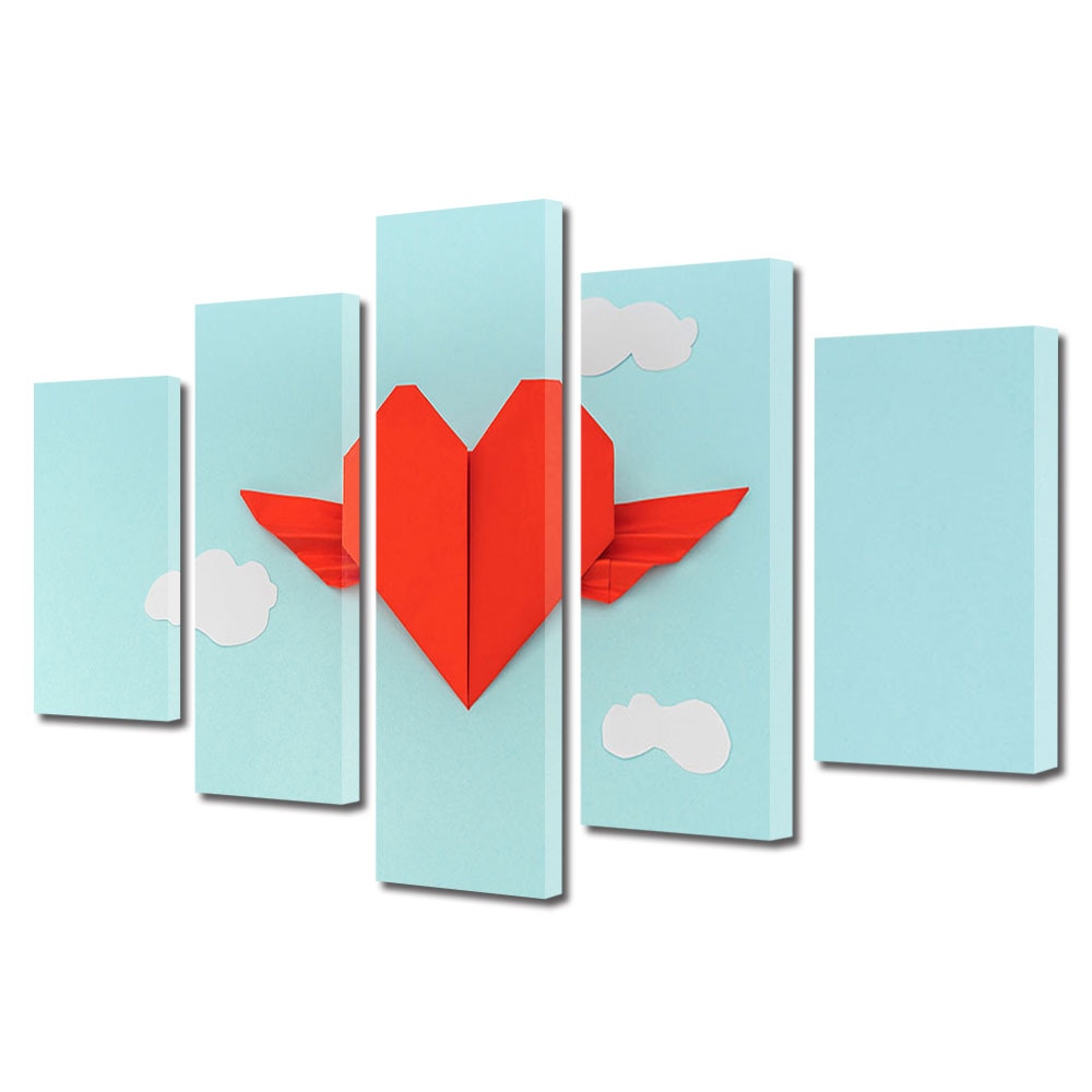 Set Tablouri Multicanvas 5 piese Colectia Ziua Indragostitilor, Dragobete, Valentine's Day, Inimioara din hartie, Decoratiuni Moderne pentru Casa, 120 x 225 cm