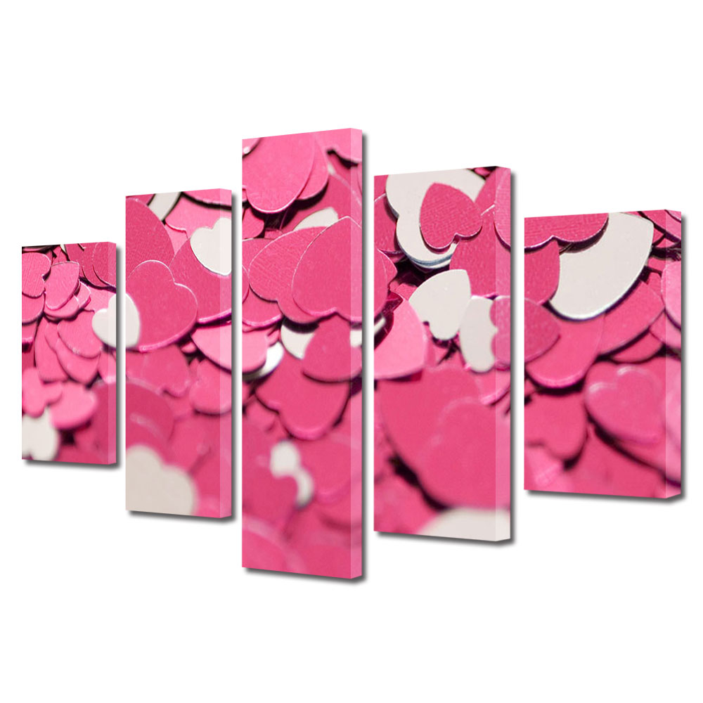 Set Tablouri Multicanvas 5 piese Colectia Ziua Indragostitilor, Dragobete, Valentine's Day, Multe inimioare roz si albe, Decoratiuni Moderne pentru Casa, 120 x 225 cm