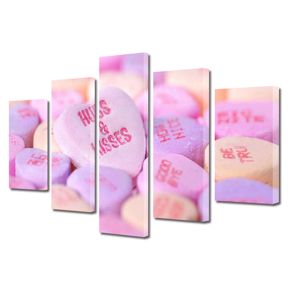 Set Tablouri Multicanvas 5 piese Colectia Ziua Indragostitilor, Dragobete, Valentine's Day, Pastilute colorate, Decoratiuni Moderne pentru Casa, 120 x 225 cm