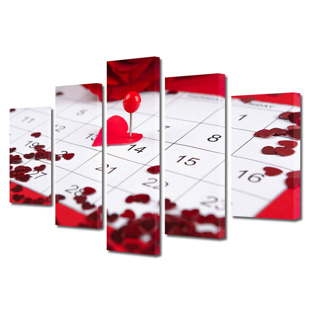 Set Tablouri Multicanvas 5 piese Colectia Ziua Indragostitilor, Dragobete, Valentine's Day, Calendar cu pioneza, Decoratiuni Moderne pentru Casa, 120 x 225 cm