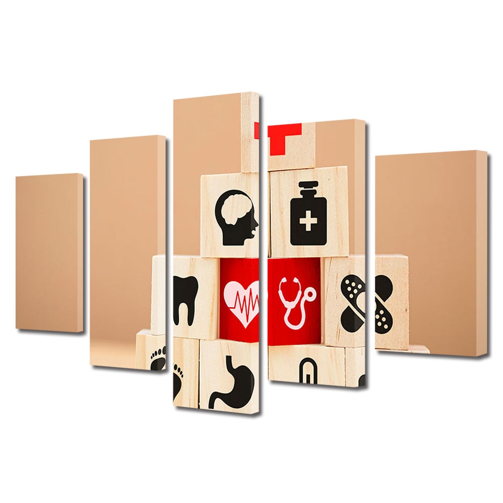 Set Tablouri Multicanvas 5 piese Colectia Ziua Indragostitilor, Dragobete, Valentine's Day, Cuburi lemn iubire, Decoratiuni Moderne pentru Casa, 120 x 225 cm